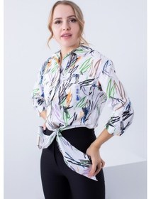 Resim Kadın Büyük Beden Cepleri Aksesuarlı ve Pat Ucu Kuşgözü Detaylı Truvakar Kollu Gömlek Çok Renkli 