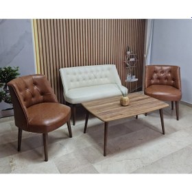 Resim Azra Mobilya Deri Çay Seti Koltuk Takımı + Sehpa - Oturma Grubu - Cafe Mobilya - Ofis Mobilya - Balkon Mobilya Taba-krem 