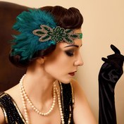 Resim 1 Adet D EXCEED 1920'ler Kadın Vintage Flapper Bandı - Teal ve Yeşil Sentetik Tüy Aksesuarlı, Boncuk Detaylı, 1920 Temalı Partiler, Düğünler, Özel Etkinlikler İçin Parti Aksesuarı, Flapper Tarzı, Rahat Başlık 