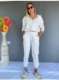 Resim Eşofman Takımı Üst Fermuarlı Alt Paça Ve Kemer Lastikli Ekru Ren 