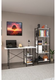 Resim Çalışma Masası Ve Kitaplık Seti İkili Çalışma Odası Set Beyaz 