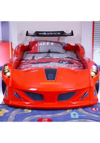 Resim Arabalı Yatak, Jaguar Rüzgarlıklı Full Ledli Arabalı Yatak - Kırmızı 1 Adet Comfort Yatak 