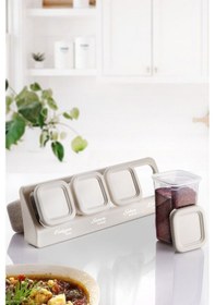 Resim Kitchen Life 12'li Etiketli Standlı Kendinden Yapışkanlı Kare Baharatlık Takımı - Erzak Saklama Kabı Seti Krem 