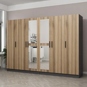 Resim Minar Kale 6 Kapaklı 2 Aynalı 4 Çekmeceli Dolap Antrasit Dore 210 cm 