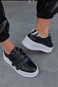 Resim NILUFARR Mila Siyah Hakiki Deri Zebra Detaylı Cırt Bantlı Kadın Sneaker 
