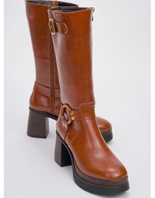 Resim Rock Taba Cilt Tokalı Fermuarlı Kadın Platform Topuklu Çizme Taba 