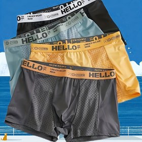 Resim 4 adet Hello Erkek Boxer Külot - Buzlu Kaygan Lif Kumaş, Nefes Alabilir Mesh Paneller & Cesur Harf Baskılı Elastik Bel Bandı, Çeşitli Renkler (Siyah/Turkuaz/Sarı/Gri) - Günlük ve Spor İç Giyim, Rahat Boxer Şortlar, Şık Boxer Külotlar, Buzlu İpeksi Lif İç Çamaşırlar 