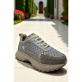 Resim Mammamia D25YA-7325 Gri Leopar Desen Kadın Sneaker Deri Tam Ortopedik Casual Günlük Kadın Ayakkabı 