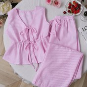 Resim Kadınlar İçin Pembe Çizgili Bağcıklı Kolsuz Üst ve Düz Paça Pantolon Takımı 