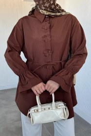 Resim Kadın Bel Bağcıklı Tesettür Gömlek Kahve TZL-P-00021348 