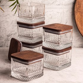 Resim Snippy Bella Kare 6'lı Ahşap Vakumlu Kare Kapaklı Cam Kahvaltılık Çok Amaçlı Cam Çerezlik 230 ml 