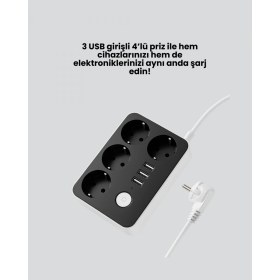 Resim Pilelistore- 3 USB Çıkışlı 4’lü Akıllı Priz 2500W 2 Metre Kablo 