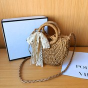Resim Şık İlkbahar/Yaz Hasır Örgü Çanta - Beyaz Dantel Fiyonklu, İpli Kapatmalı, Günlük Plaj ve Crossbody El Çantası, Dayanıklı Kağıt Malzeme 