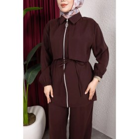 Resim Weak Blue Kadın Tesettür Takım Çift Kat Görünümlü Fermuarlı Tunik Bol Paça Pantolon Moda Kumaş Ikili Takım 