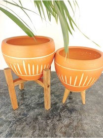 Resim Bitki Tasarımı Ev Dekorasyon Dik Çizgi Desenli Terrakota Toprak Saksı İkili Set 3 Ayaklı- 4 Ayaklı-15 Cm 