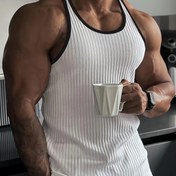 Resim Men's Tank Top Beyaz Siyah Çizgili, Yaz Sporları ve Açık Hava İçin Yumuşak 