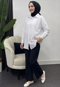 Resim Tesettür Diyarı Kadın Oversize Cepli Gömlek-Beyaz 