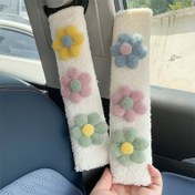 Resim 2 adet üç çiçekli kuzu saçlı emniyet kemeri omuz pedleri, kaymaz karikatür sevimli araba koruyucu kapak, Çiçek süslemeli araç iç aksesuarları 