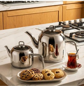 Resim Lines Lcm-0102 Mercan Aile Boy Paslanmaz Çelik Gümüş Kulp 1.25-2.80 Lt Çaydanlık Takımı Gümüş 