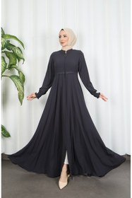 Resim HNT Hayrunnisa Tesettür Beli Dantelli Mevlana Ferace Gri HNT7011 