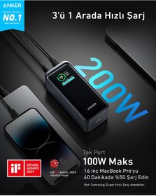Resim Anker, 735 Prime, 20.000mAh Powerbank, İki yüksek güçlü USB-C port ve bir USB-A port, Süper Hızlı Şarj ile Ultra Yüksek Kapasiteli Güç Bankası, 200W 