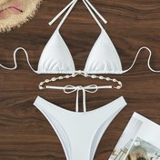 Resim Tek Renk Kabuk Desenli Bağcıklı Bikini Takımı 
