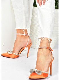Resim Fox Shoes Turuncu Saten Kumaş Taşlı Kadın Topuklu Ayakkabı K654051204 Turuncu 