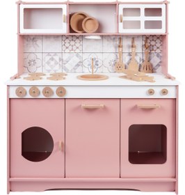 Resim HOBBY HOUSE Fayans Desenli Pembe Ahşap Oyuncak Çocuk Mutfak 9 Parça Servis Seti Ve Led Hediyeli 