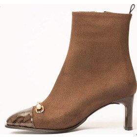 Resim Kadın Süet Bot Tokalı Kroko Detaylı Topuklu Fermuarlı Kahve Lureva Kahverengi 