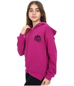 Resim Toontoy Kız Çocuk Kapüşonlu Fermuarlı Düşük Omuz Nakış Baskılı Yırtmaç Detaylı Örme Hırka - 3 İplik Şardonsuz Mürdüm 