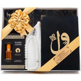 Resim Takke + Esans + Tesbih + Seccade + Kadife Kuran Hediye Seti Çanta Boy, Siyah 