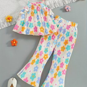 Resim Kızların yaz moda çiçek baskılı püskül tasarımı dantel süslemeli askılı üst + püsküllü pantolon, sevimli yazlık takım elbise, açık hava oyunları ve günlük rahat durumlar için çok uygun, Mükemmel bir seçim 