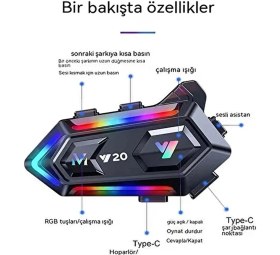Resim Y20 Motor Kurye Kask Kulaklık Rgb Modlu Bluetooth Motosiklet Kulaklık 5.3 Bluetooth Interkom 