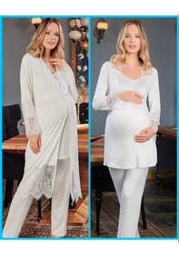 Resim Bone Club 5109 ECRU Fantazi Dantelli Hamile Lohusa3 Lü Pijama Sabahlık Tk 