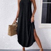 Resim Kadınların kolsuz düz renkli maxi tank elbisesi - Zarif omuzdan askılı, diz boyu, polyester dokuma, ilkbahar/sonbahar moda için mükemmel, rahat yaz elbisesi|Minimalist tarz|Yumuşak dokulu 