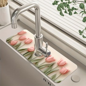 Resim 1 Adet Lale Desenli Musluk Matı - Nem Geçirmez Dayanıklı Polyester Kaymaz Drenaj Mat Mutfak & Banyo Lavaboları İçin, İlkbahar Çiçek Dekorasyonu Sıçrama Koruyucu Tezgah Koruyucusu, Dekoratif Lavabo Aksesuarı 
