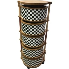 Resim Dama Desenli 5 Katlı Tekerlekli Çok Amaçlı Ahşap Patates Soğan Sepeti 