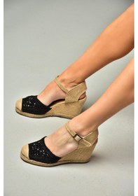 Resim Fox Shoes P241612040 Siyah Taşlı Dolgu Topuklu Kadın Ayakkabı Siyah 