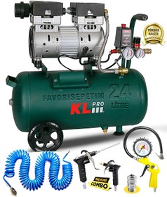 Resim PROXTECH Çift Pilindirli Pro Klk25s Sessiz Hava Kompresörü 1 Hp 24litre 8 Bar +15mt Horum+lastik Şişirme Kiti 