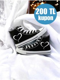 Resim Lideral Unisex Siyah Beyaz Kalp Aşk Baskılı Model Rahat Keten Bilekli Sneaker Convers Günlük Spor Ayakkabı 