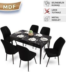 Resim Canisa Mun Serisi 80x132 Açılabilir Mdf Siyah Mermer Desen Masa Takımı 6 Siyah Sandalye 