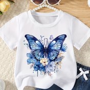 Resim 1 adet Gençlik Kelebek Baskılı Kısa Kollu T-Shirt - Rahat Yuvarlak Yaka, Tüm Mevsimler İçin Konforlu Çiçek Desenli Örgü Üst, Bahar/Yaz/Sonbahar İçin İdeal, Günlük T-shirt|Kelebek Baskılı Üst|Örgü Yapısı, Kelebek Giyim 