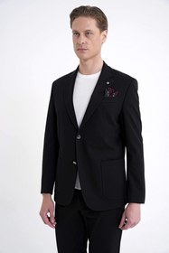 Resim Comfort Fit Çift Yırtmaç Torba Cep Metal Düğmeli Siyah Blazer Ceket C 734 - Siyah / SİYAH - 58 