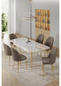 Resim Canisa Rada Serisi 80x132 Açılabilir Lak Panel Beyaz Mermer Desen Masa 6 Cappucino Sandalye Gold Detay Masa Beyaz Mermer Desen Sandalye Cappucino 