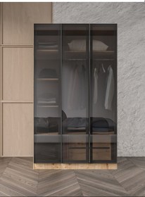 Resim Altay Kayra Füme Camlı Alimünyum Kapaklı 2 Çekmeceli Giyinme Dolabı Led Askılıklı Tamamı Mdf Safir Meşe 