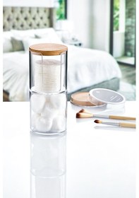 Resim Ahşap Kapaklı Çift Katlı Pamukluk Organizer Makyaj Düzenleyici Şeffaf 