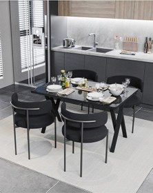 Resim Avvio Alvin Teddy Sandalye 80x120 Yemek Masası Mutfak Masası 4 Kişilik Masa Sandalye Takımı Bukle Kumaş Siyah Mermer 