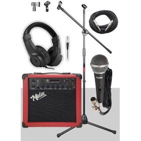 Resim Midex MGA-25RD-PAK 25 W USB Bluetooth ve Şarjlı Elektro Gitar Amfisi (Amfi Mikrofon Stand Kulaklık Jack Kablo) 