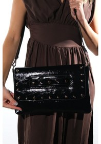 Resim Marry Siyah Kırışık Rugan Troklu Kadın Clutch Çanta 