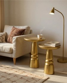 Resim AYLESA Doğal Ahşap 2’li Set Altın Renk Mantar Yan Sehpa Modern Fiskos Zigon Çiçeklik 